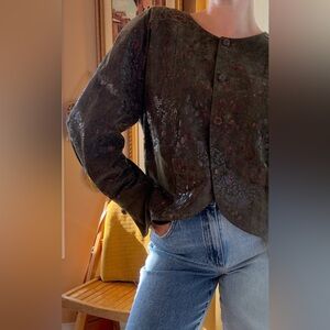 Vintage Designer Embossed Autumn Print Suede Leather Jacket Deep Forest Green